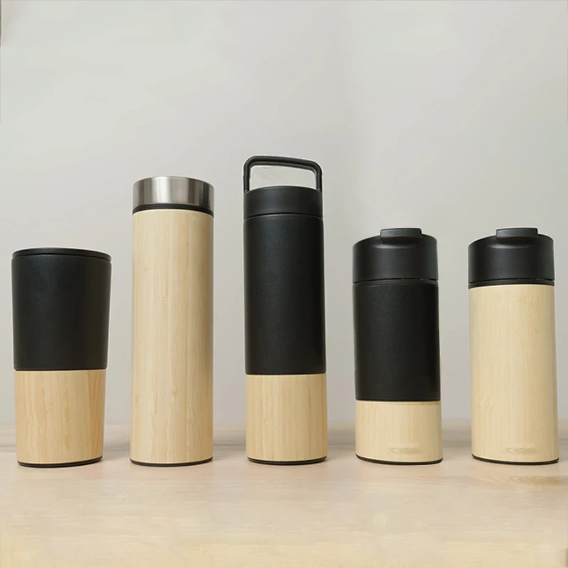 

2021 Stainless Steel wide mouth bamboo coffee travel cup mug double wall insulated vacuum flask bamboo tumbler, Natural bamboo color