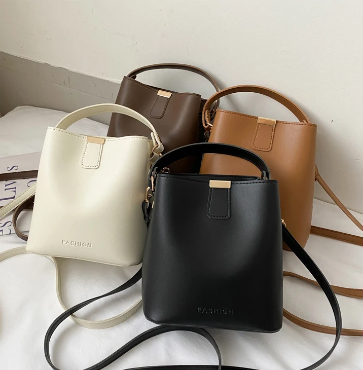 

New Trendy Popular Ladies PU Leather Bucket Sling Bag Fashion Solid Color Women Messenger Bags, Picture