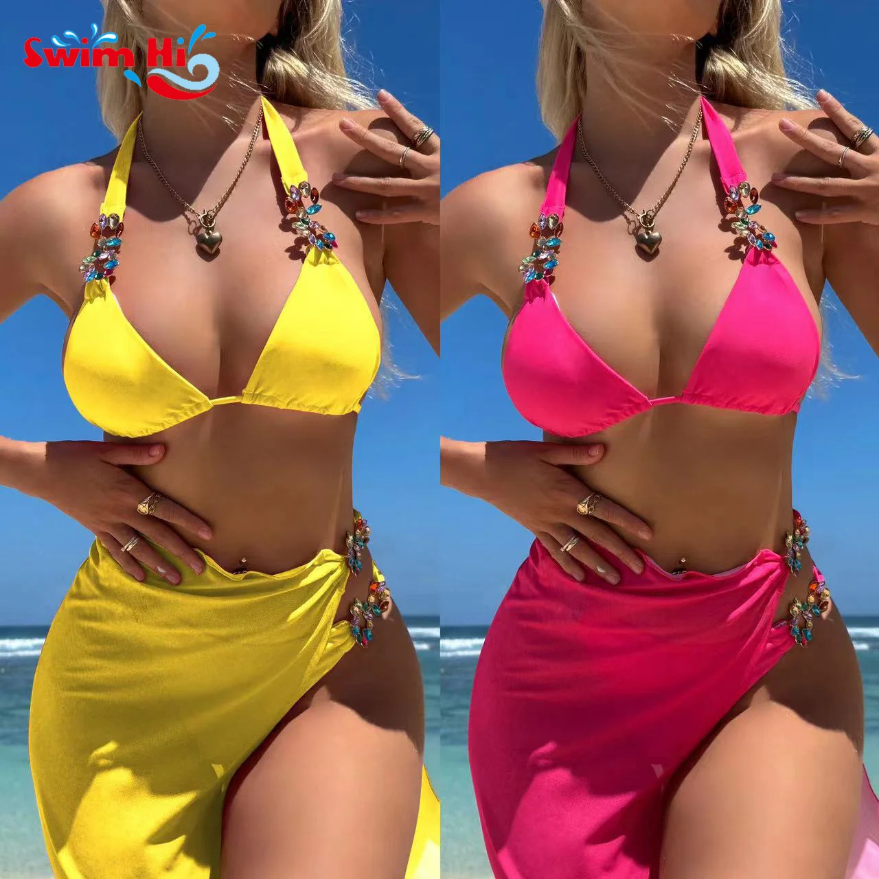 

Long Beach Dress Bright Diamond Mesh Cover Up 3-piece Set Pink Triangle Bikini 2024 Sexy Lady Swimwear