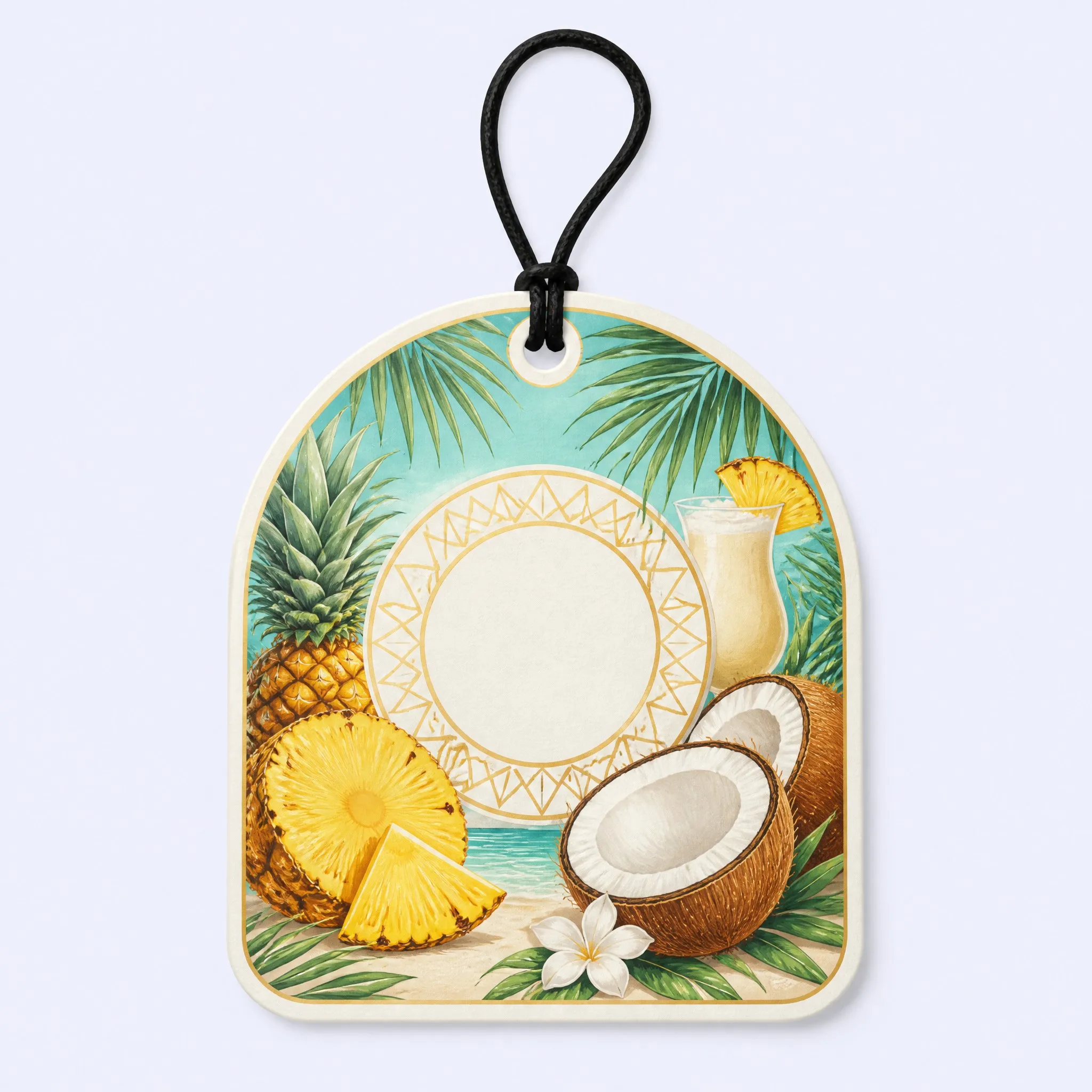 Custom Tropical Piña Colada and Coconut Car Air Freshener Front View with Arched Silhouette