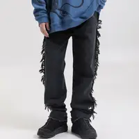 

Vantage frayed denim light bleached blue man denim biker jeans loose casual straight hip hop fringes jeans pants