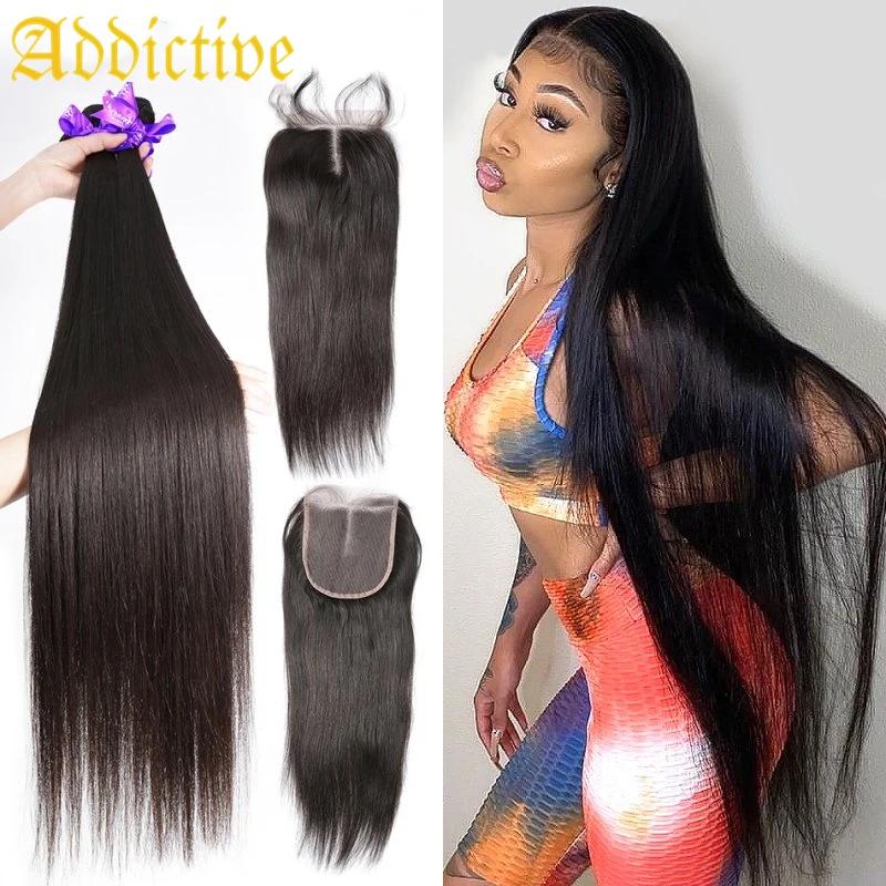 

Addictive Wholesale Straight Hair Bundles With Closure Brazilian Hair 100% Human Hair Extensions For Women Lace Closure