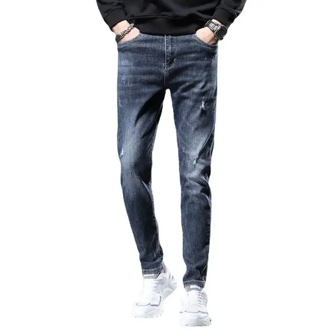 

Hot sale customized Europe breathable destroy wash jeans men Business loose Navy blue men jean pants 6319