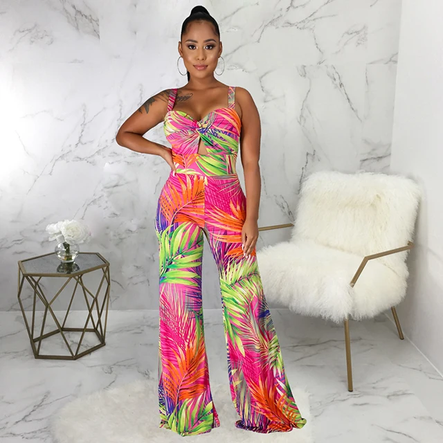 

Attractive V Neck Multicolored Print Hollow Out Sleeveless Wide Leg Jumpsuit Summer Fashion Women Clothing -YS, Pink