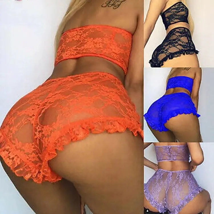 

Womens Sexy Satin Lace Sleepwear Pajamas Set Bandeau Crop Top Ruffle Underwear Two Pieces Lingerie Set bra & brief sets, Blue/black/purple/orange