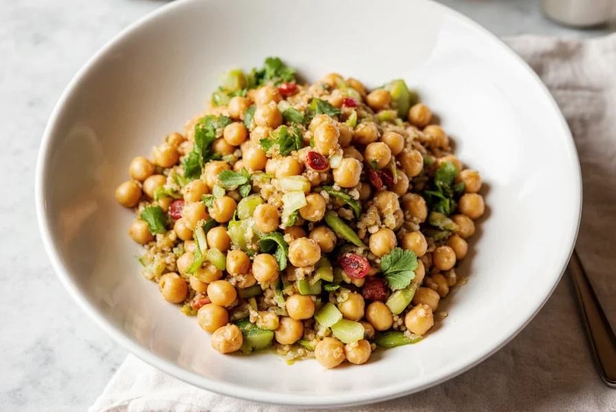 Platter of chickpea dill salad with lemon slices