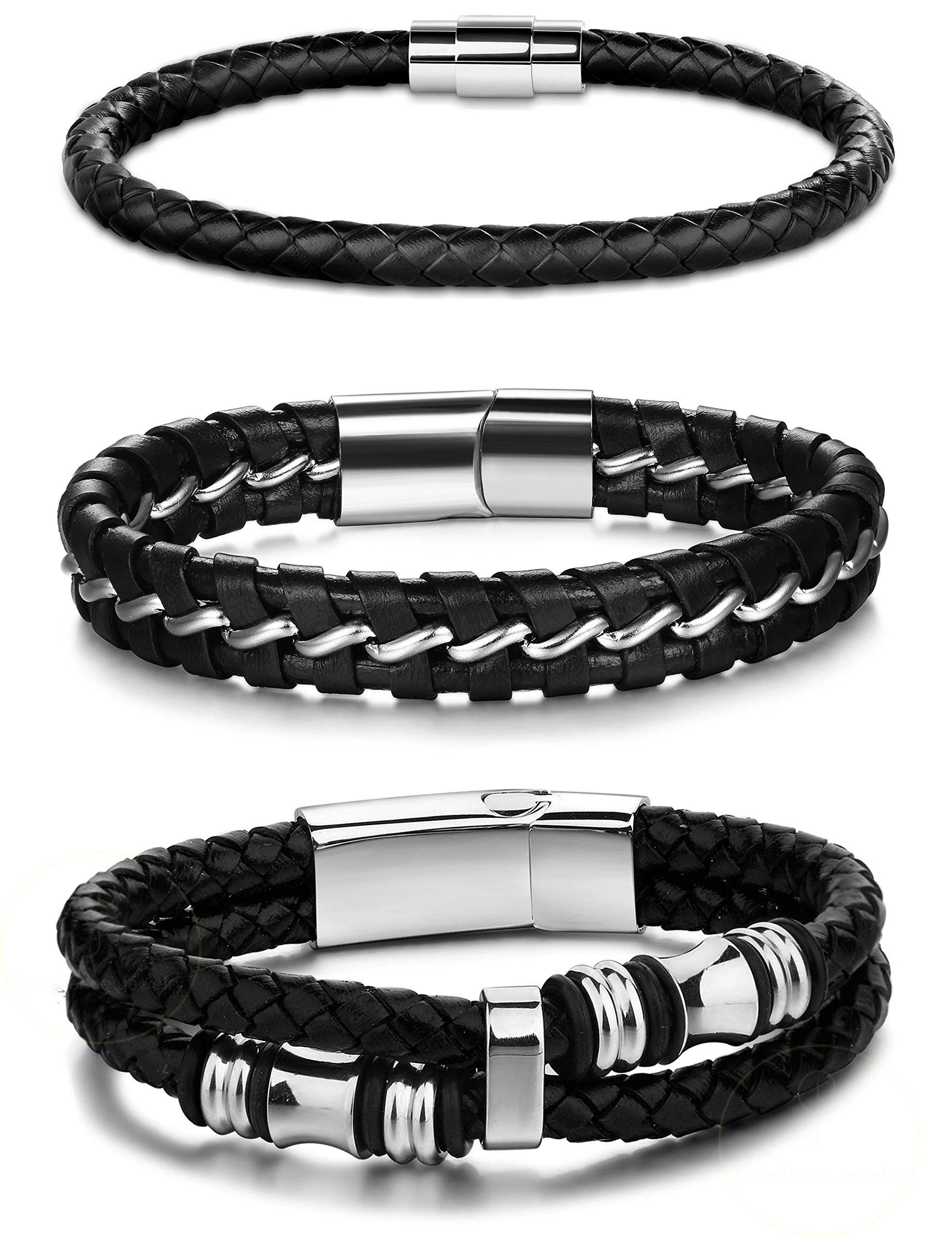 Fashion Simple Classic Men Women Customized Engraving Personalized Logo Stainless Steel Braided Genuine Leather Bangle Bracelet