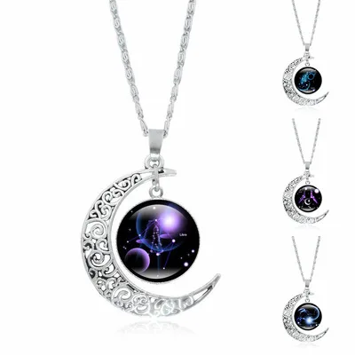 

New DIY Customized 12 Zodiac Sign Necklace Fashion Glow in the Dark Glass Gem Crescent Moon Pendant Necklace for Women Men Gifts, Silver 12 zodiac
