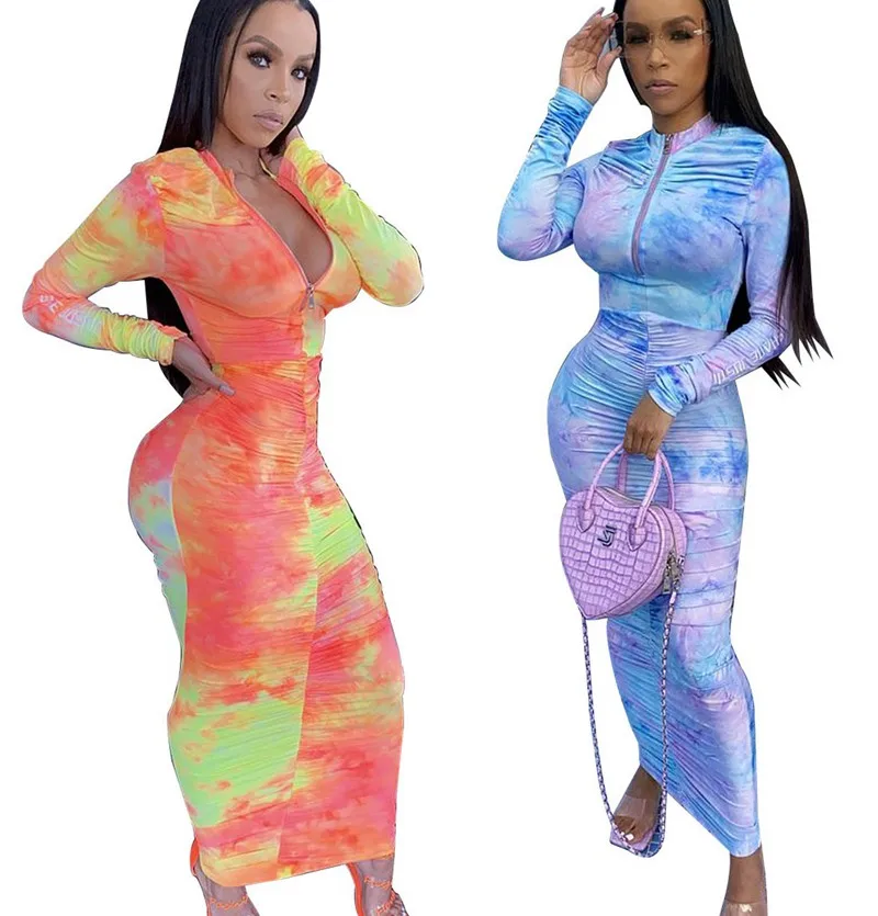 

Autumn Women Tie Dye Print Long Sleeve Zipper Up Stacked Bodycon Midi Maxi Dress Streetwear Sexy Club Party Long Dresses, Customized color