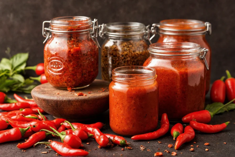 Various chili paste varieties in glass jars with fresh chilies and cooking utensils