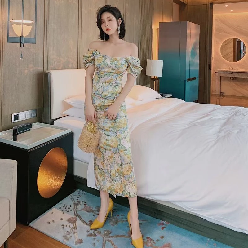 

2021 Spring Floral Fashion Casual One Shoulder Backless Women A-line Midi Dresses Elegant Summer Dress for Ladies Girls