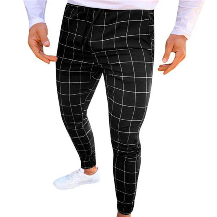 

Fashion Outdoor Gym Pants Men Plaid Print Drawstring Elastic Casual Slim-Fit Pencil Pants Trousers Long Stretch Casual Pants