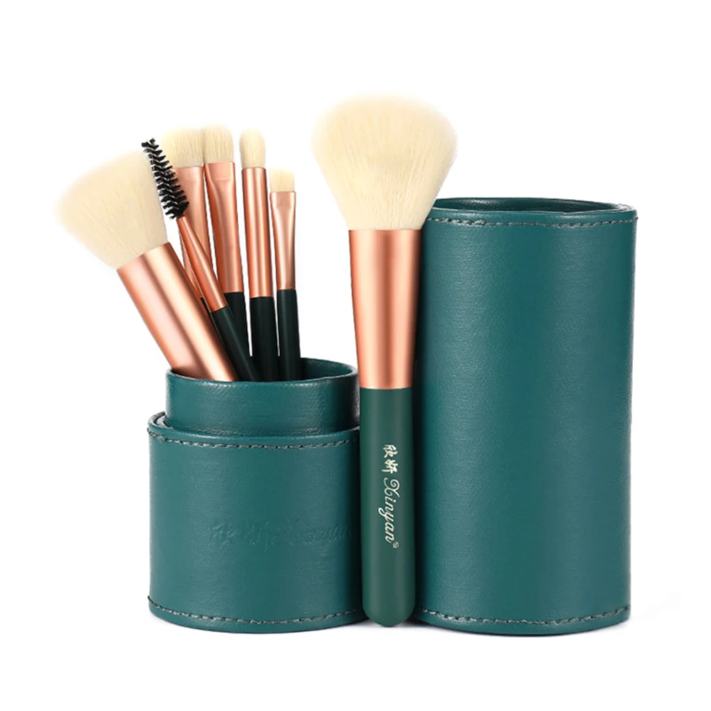 

Banfi 7pcs green make up brushes with Cylinder PU holder super soft synthetic makeup brush set kit for lady daily makeup use