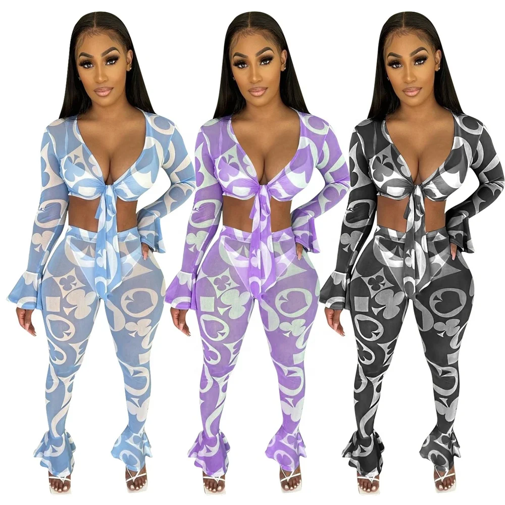 

Crop Top Mesh Printed 2 Piece Ruffle Set Spring Wear Women 2021