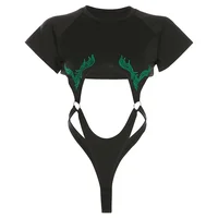 

Cut Out Black Sexy Body Women Embroidery Short Sleeve Backless Bodysuit Summer Bodycon Jumpsuit Ladies Party Club