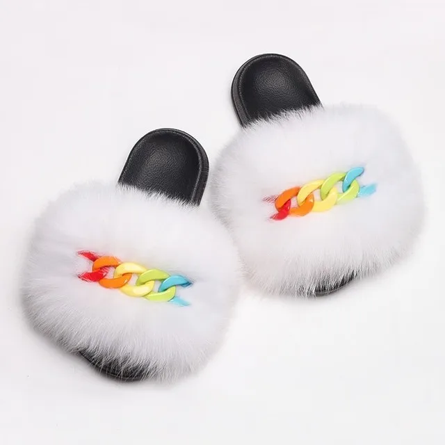 

Real Fox Fur Slippers Fluffy Flip Flops Shiny Chain Plush Slippers Furry Fur Slides Home Beach Flat Sandals Women Fashion Shoes