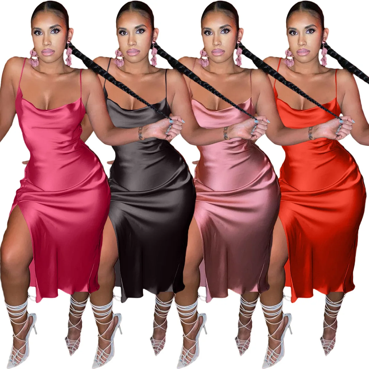 

OR-L256 New Arrival Stylish Women Clothing Sleeveless Sexy Slip Stretch Satin Pencil Dress Cowl Neck Satin Evening Party Dress, As pics