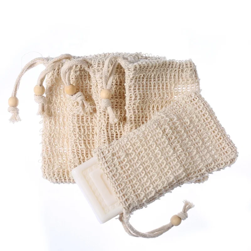 
9x14cm REACH Certificated Soap Exfoliating Bag Drawstring Natural Sisal Soap Saver Pouch Mesh Soap Bar Bag for Shower 
