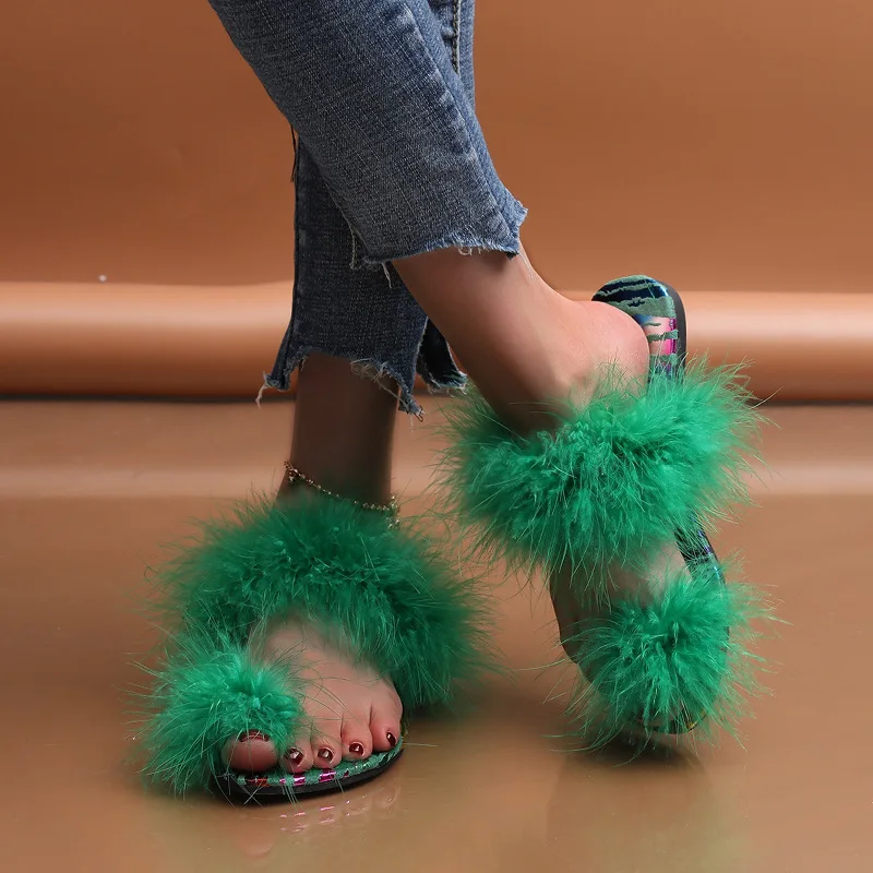 

new flat bottom toe turkey feather plus size beach print slippers cute slippers furry women's slippers furry sandal, 4 colors