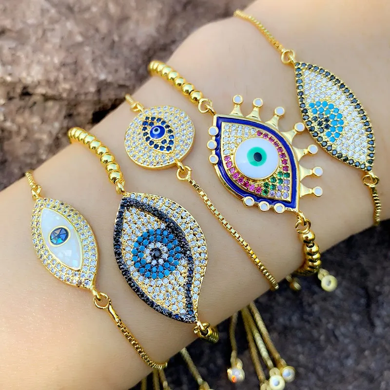 

New Arrival Turkish Evil Eyes Charm Bracelet Copper Chain Rainbow CZ Stone Eyes Tennis Bracelet For Women, As picture