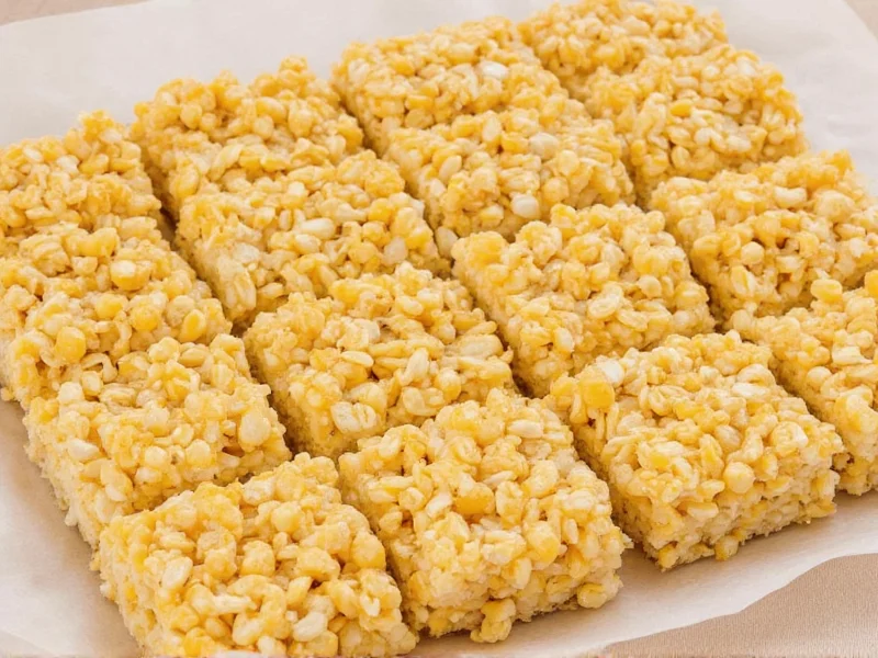 Golden rice crispy squares on parchment paper