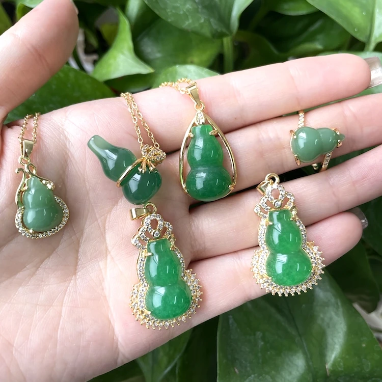 

jade jewelry Green gourd jade necklace money bar jade necklace women lucky charm pendant necklace ring