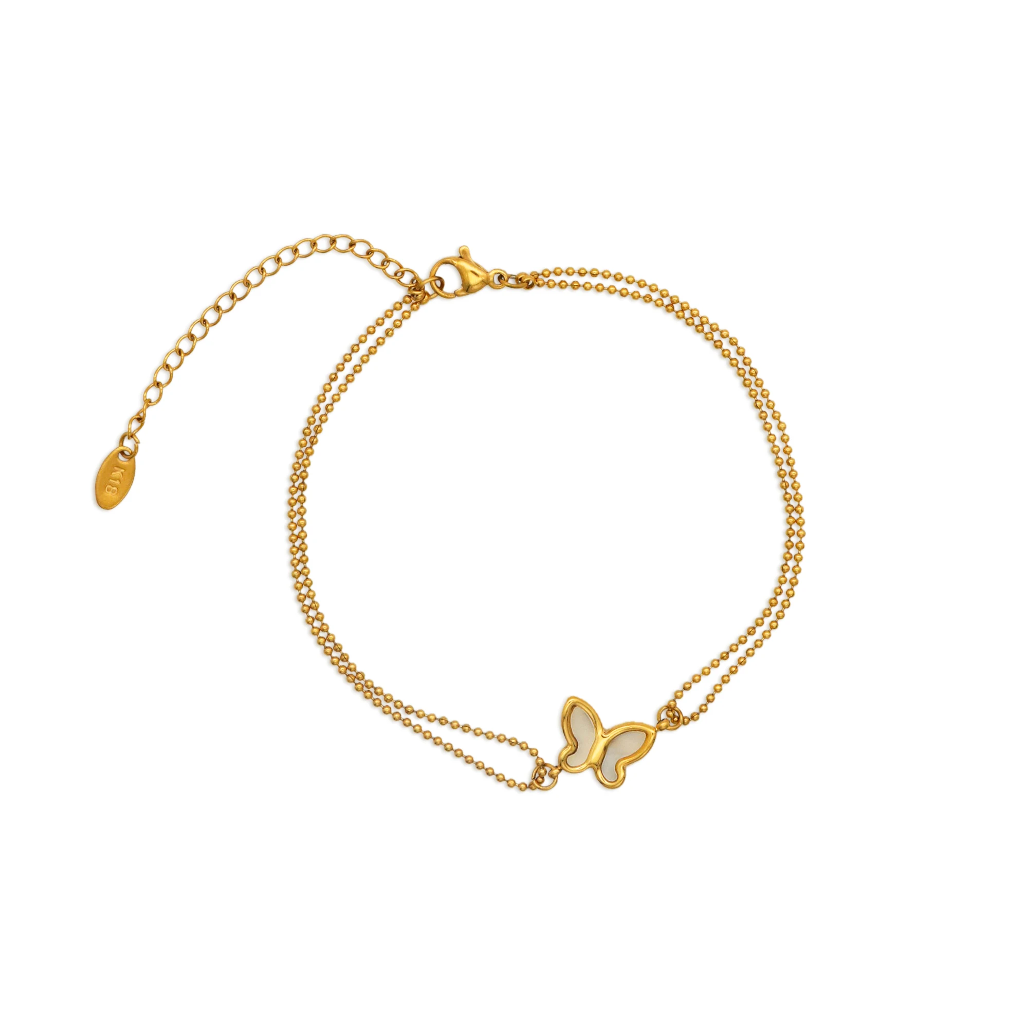 

Chris April fashion 316L stainless steel PVD gold shell butterfly double layers beads charm chain anklet