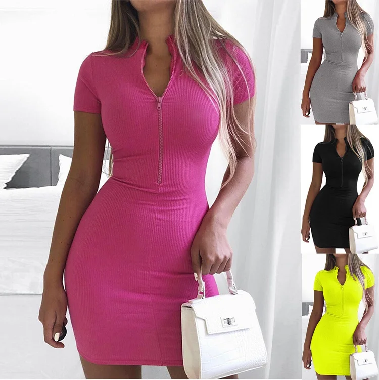 

2020 casual fashion summer bodycon ladies dress zipper dress High collar short sleeve package hip skirt adult dress