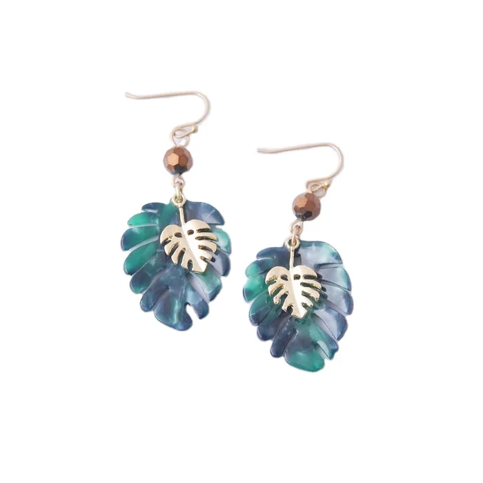 

Double Banana Leaf Earring Green Palm Tree Leaf Drop Earring, Gold