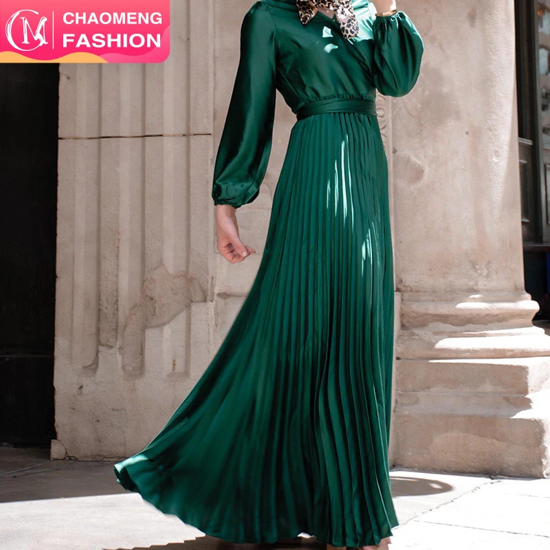 

6377# Elegant Modest Wear Silk Big Pleated Maxi Long Sleeve Abaya Women Satin Muslim Dress, Pink/black/beige/green/mint/ purple / customized
