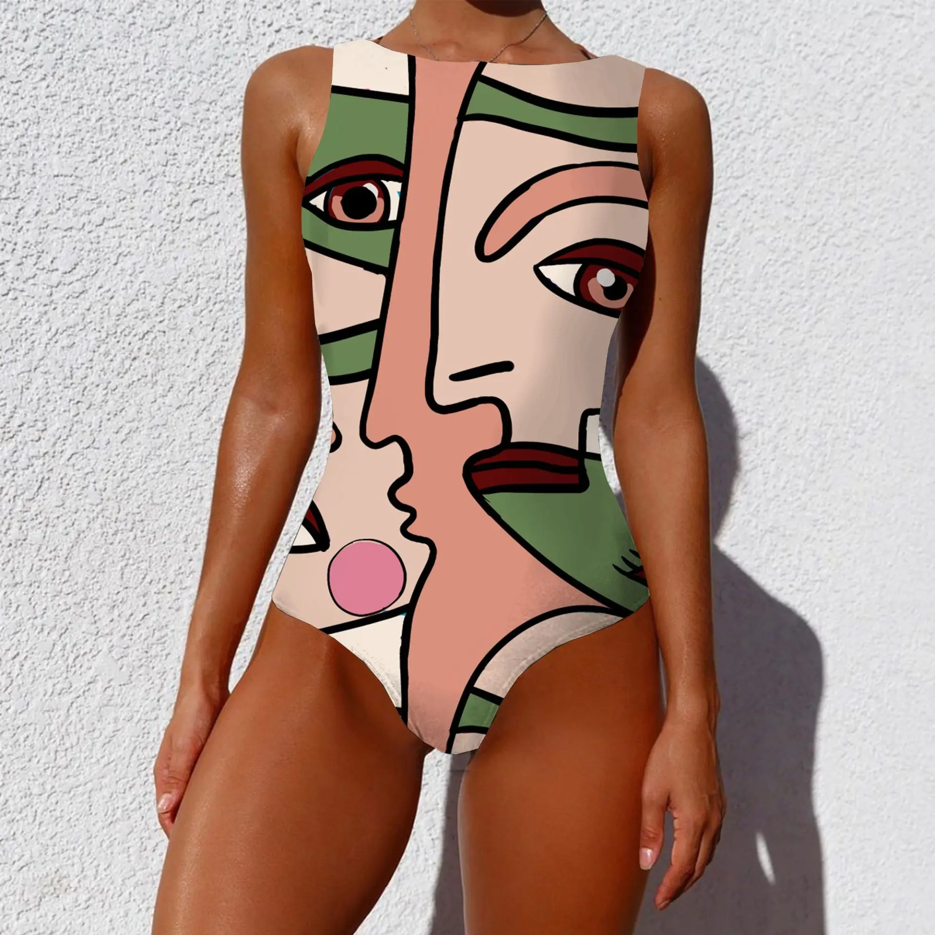 

2021 plus size one-piece swimsuit abstract pattern printed swimsuit looks thin sexy bikini, Customized color