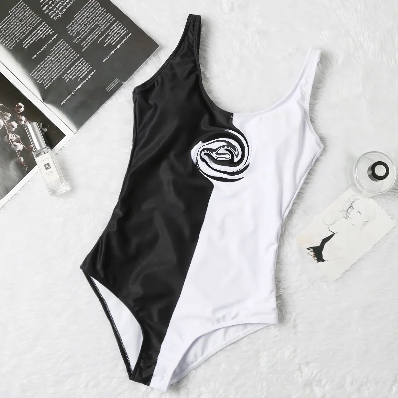 

Black White Color Matching Letter Pattern One-piece Swimsuit Ladies Sexy Backless Swimwear Beachwear, Shown