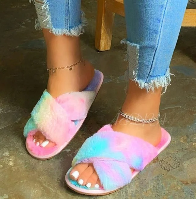 

Soft Fluffy Fur Open Round Toe Female Outside Slides Thick Sole Summer Women Slippers Women's Shoes, Brown,green,pink,mixed