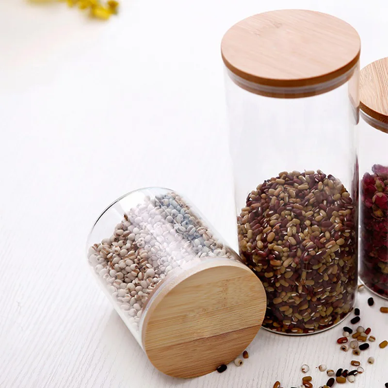 
High Borosilicate Airtight Food Cookie Glass Jar Container Small Glass Spicy Jar With Wooden Lid 