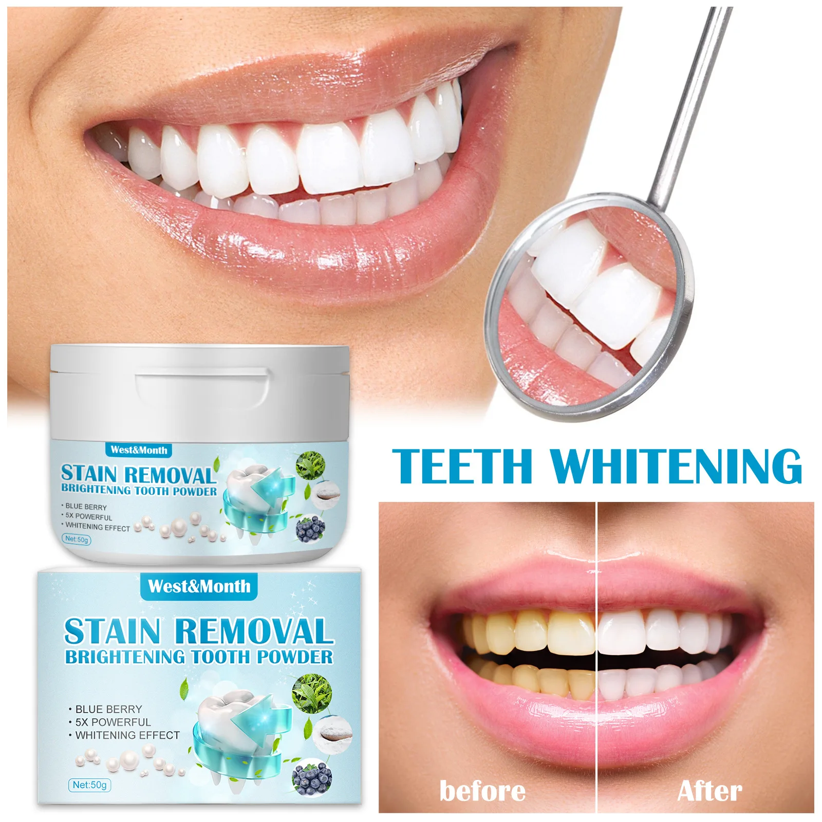 

West&Month OEM ODM Blueberry Brightening toothpaste dazzling white remove yellow teeth Teeth Cleansing Stains Removes Breath