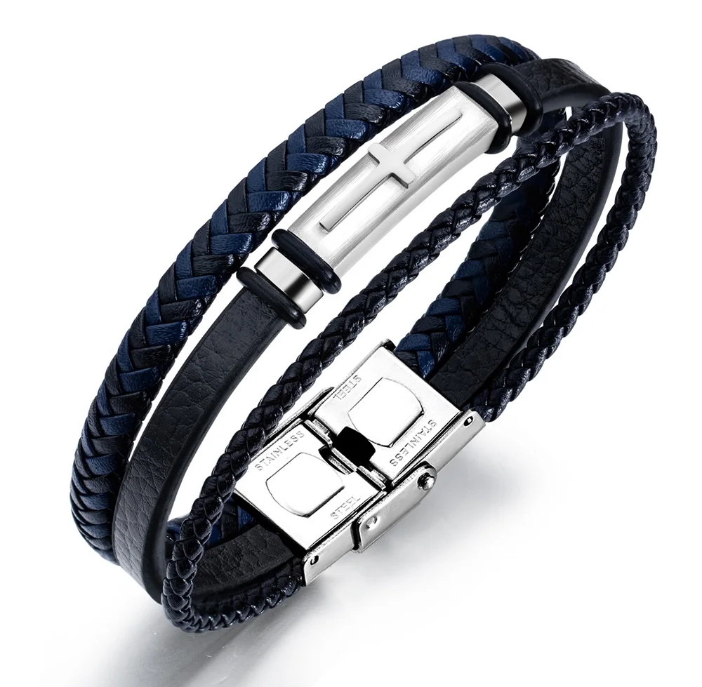 

Fashion Charm Multi Layer Cross Leather Homme 316L Stainless Steel Bracelet Men, Silver;customized color
