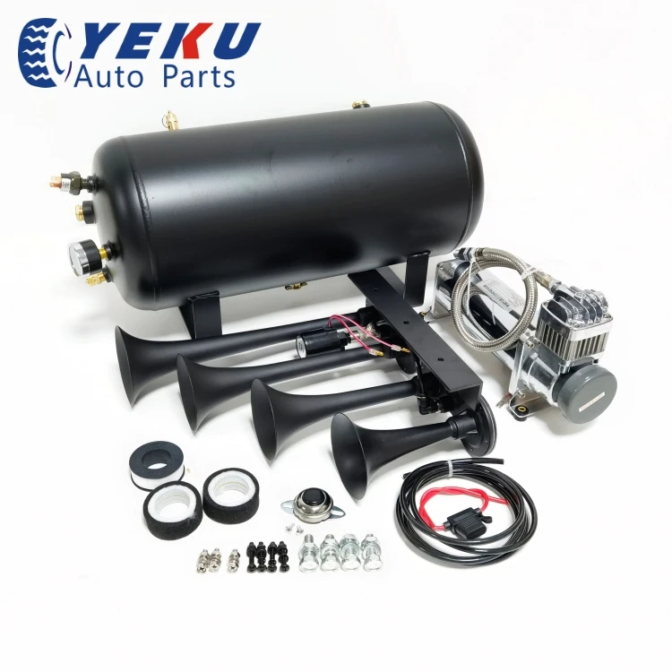 

Ready to Ship 12V Onboard System 4 Trumpet Air Horn 5Gal Tank 200PSI Air Compressor Kit For Train Trucks/Pickup/Jeep/SUV, Black