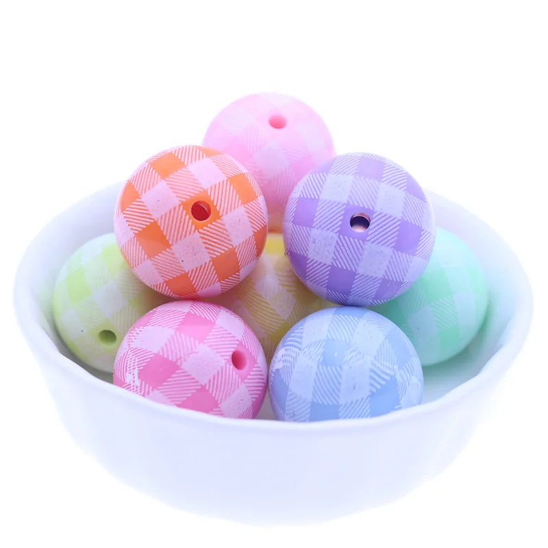 

Wholesale Fashion New Gumball Bubblegum Chunky Loose Round 20mm White Colorful Print Acrylic Plaid Beads For Pendants