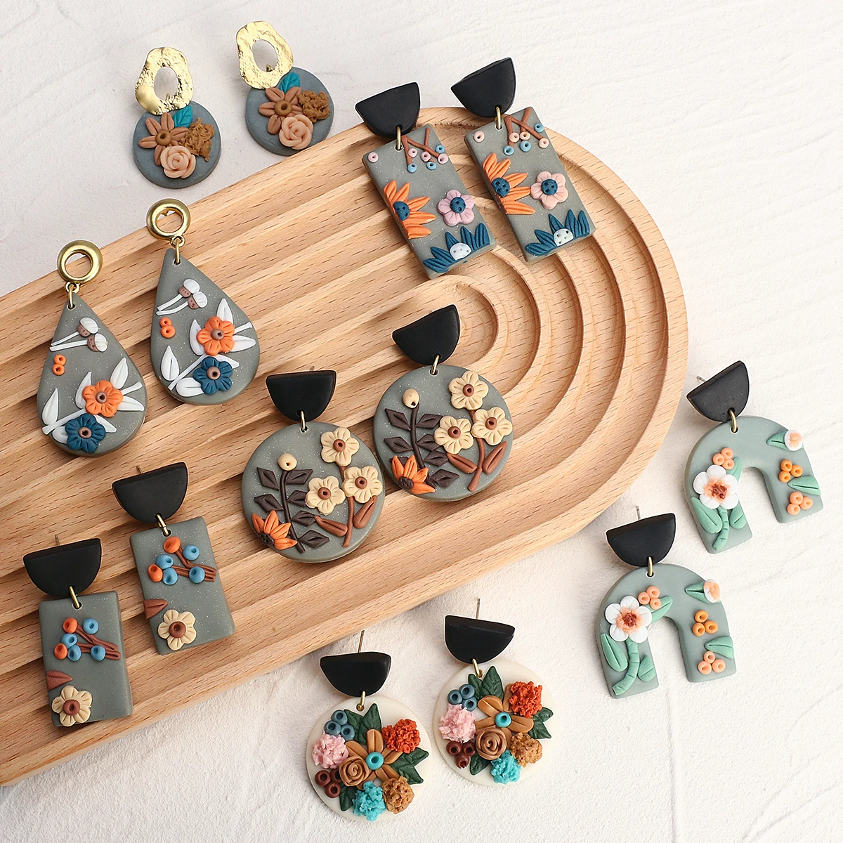 

2021 spring new creative polymer clay colored flowers soft pottery handmade earrings geometric personality earrings wholesale, As picture