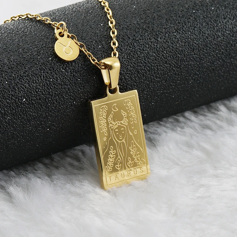 

Waterproof Non Tarnish Stainless Steel Jewelry Gold Square Zodiac Sign Tarot Card Deck Necklace