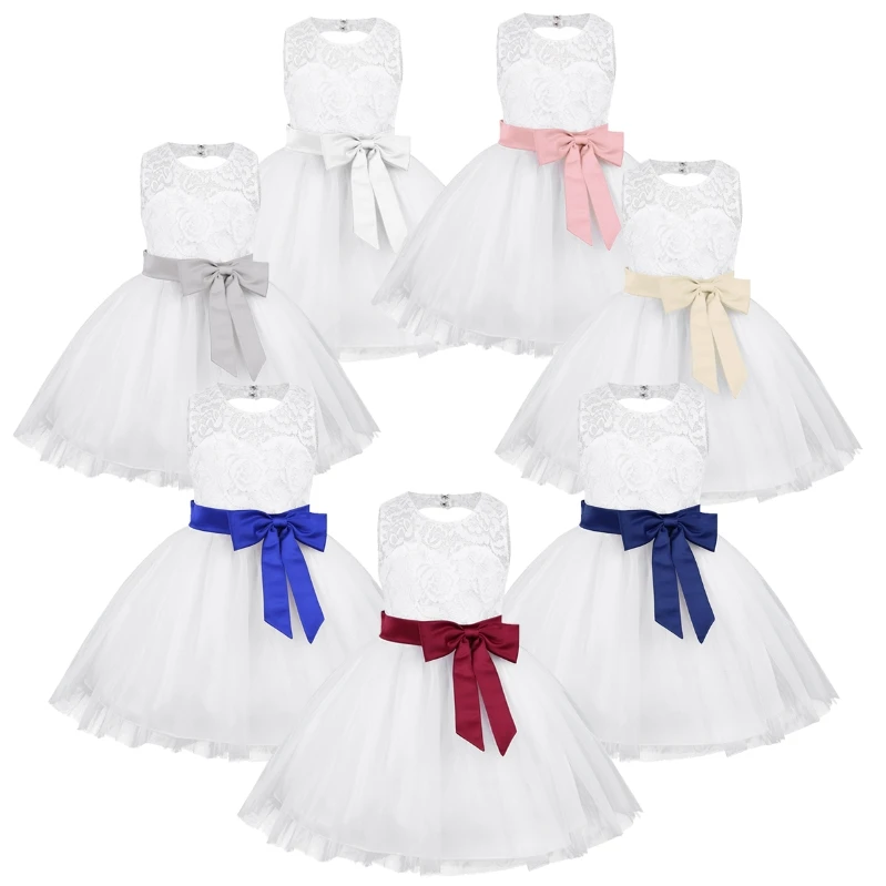 

Cheap Baby Girl Floral Dress White Bowknot Sash Tutu Dress Princess Birthday Christening Party Ball Gown