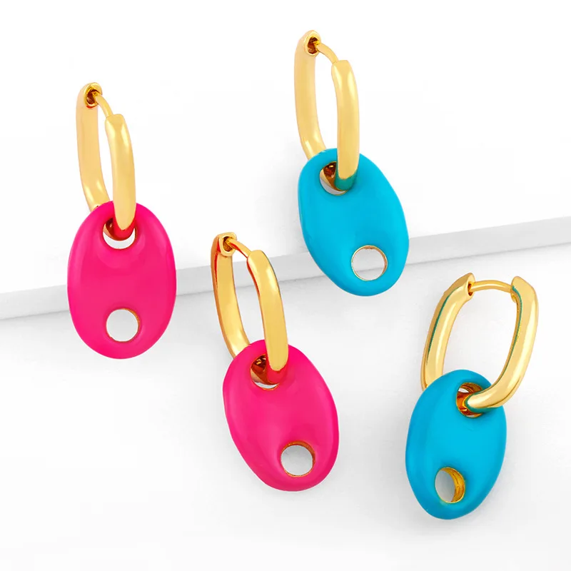 

Summer 2021 New Colorful Oil Dripping Pig Nose Earrings Women 18K Gold Plated Enamel Stud Earring, Gold color earring