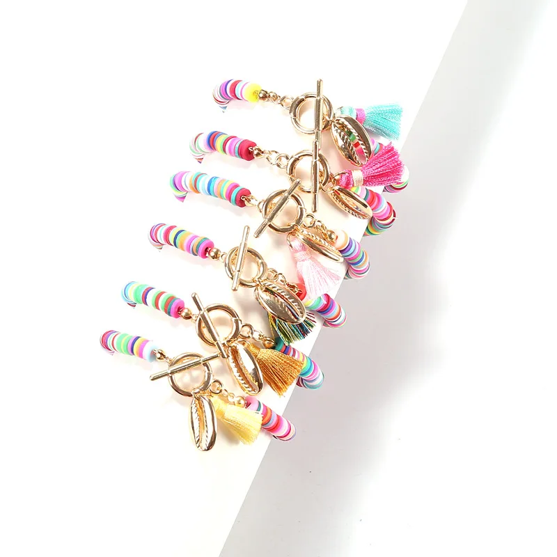 

Gold Plated Metal Shell Colorful Polymer Clay Beaded Tassel Pendant Bracelet For Women 2021