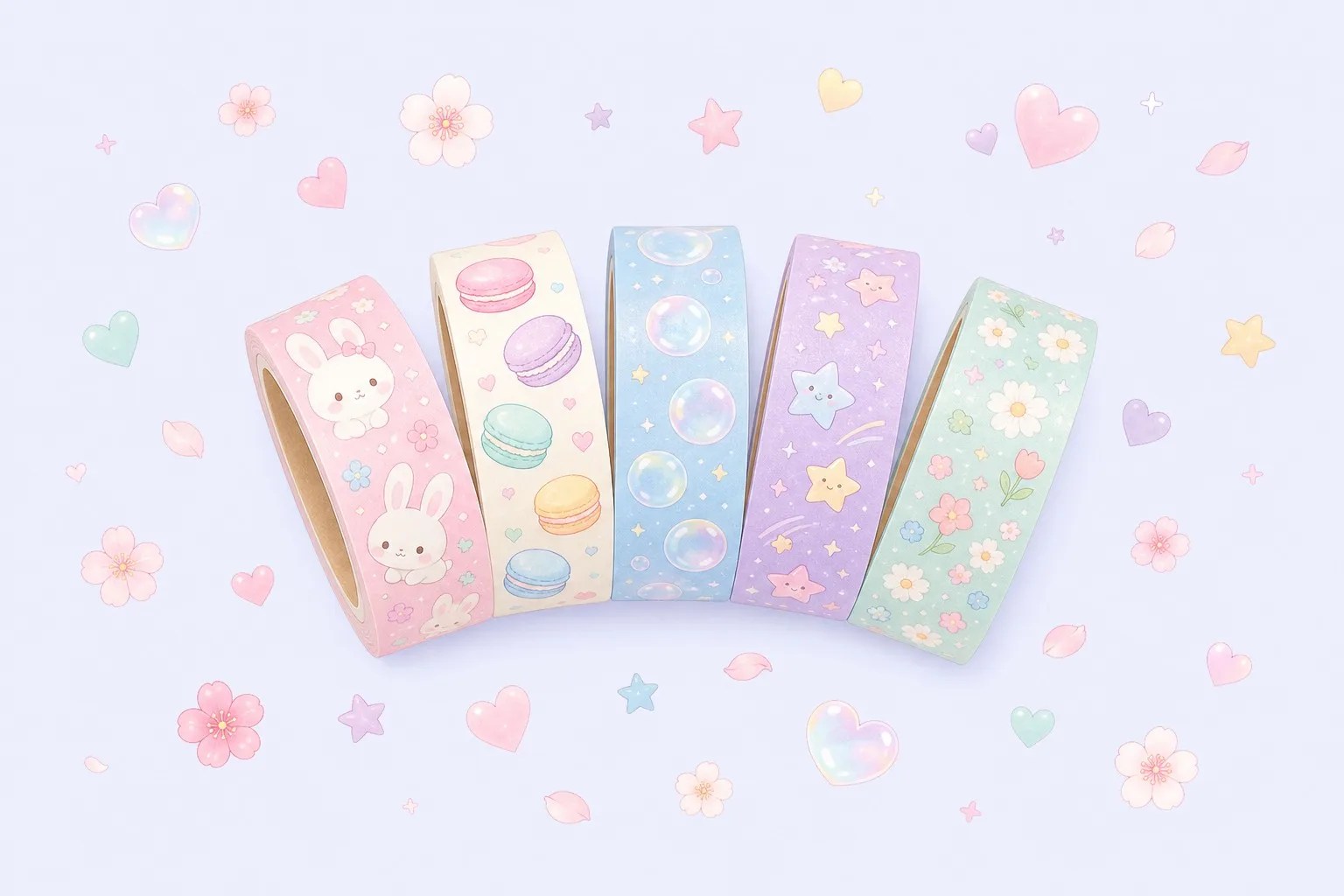 Five kawaii tape rolls fan spread with illustrated elements