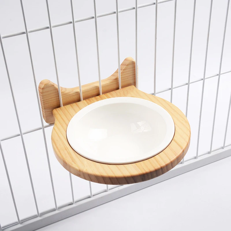 

New Design Solid Wood Cage Hanging Ceramic Pet Dog Cat Bowl, Sku01-sku04