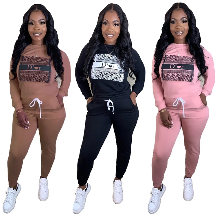 

O Neck Long Sleeve Print Skinny Printed Crop Top Women Solid Color Letter Pattern Two Piece Pants Jogger Set Bandage Outfits