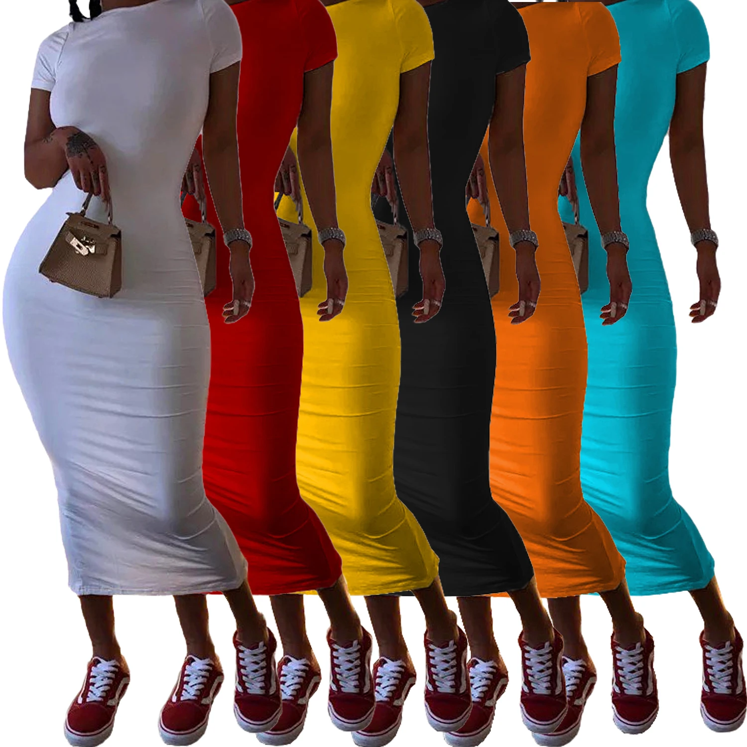 

2020 Fashion Casual Sexy Solid Color Short-sleeved Round Neck T-shirt Skirt Long Dress Pencil Skirt Summer 20200507093