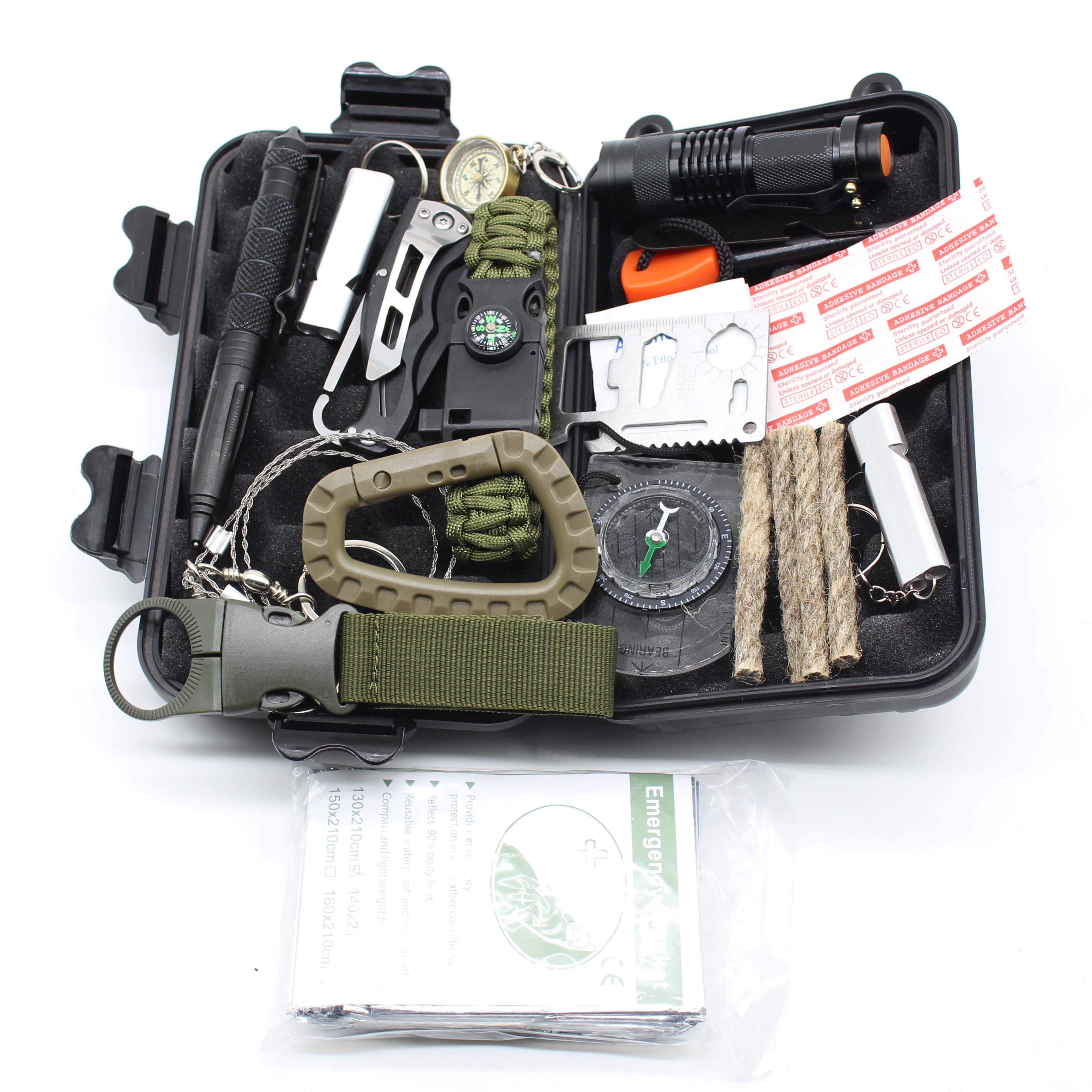 

21 in 1 survival gear Outdoor Professional Emergency Survival kit Outdoor Military Travel Camping Hiking, Black