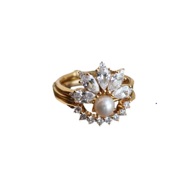 

wholesale silver 925 jewelry CZ 925 sterling silver ring set gift gold plated pearl women Sterling silver rings, White gold (rose gold, yellow are avaliable)