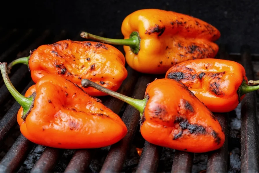 Gypsy peppers roasting on a grill with visible charring and caramelization, showing their thin walls and tender texture